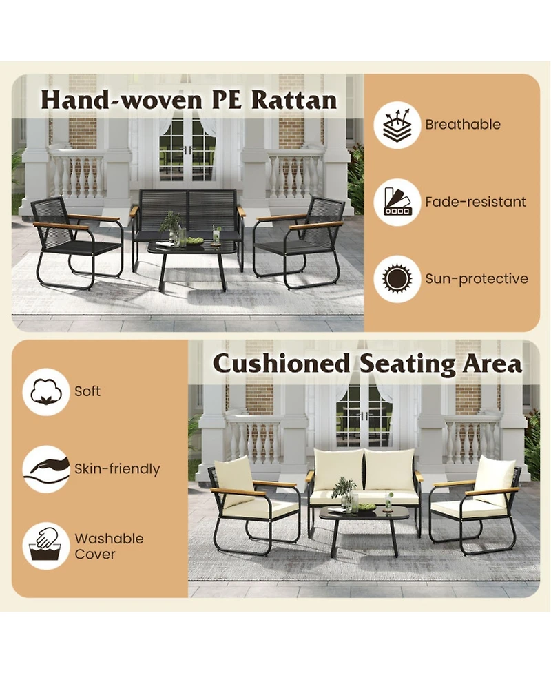 Sugift 4-Piece Wicker Patio Furniture Set with Acacia Wood Armrests