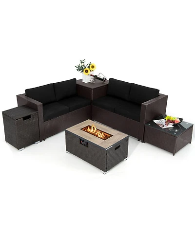 Sugift 6-Piece Outdoor Wicker Furniture Set with 32 in Propane Fire Pit Table
