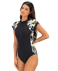 Hurley Women's Front Zipper Moderate Coverage One-Piece Swimsuit