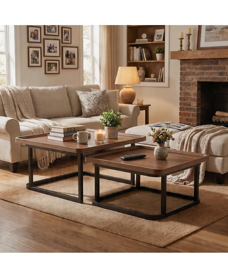 homfan Coffee Table Set of 2, Square Small Tables for Living Room, Bedroom, Balcony, Space Saving Mid Century Modern Nesting