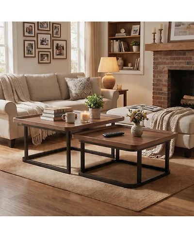 homfan Coffee Table Set of 2, Square Small Tables for Living Room, Bedroom, Balcony, Space Saving Mid Century Modern Nesting