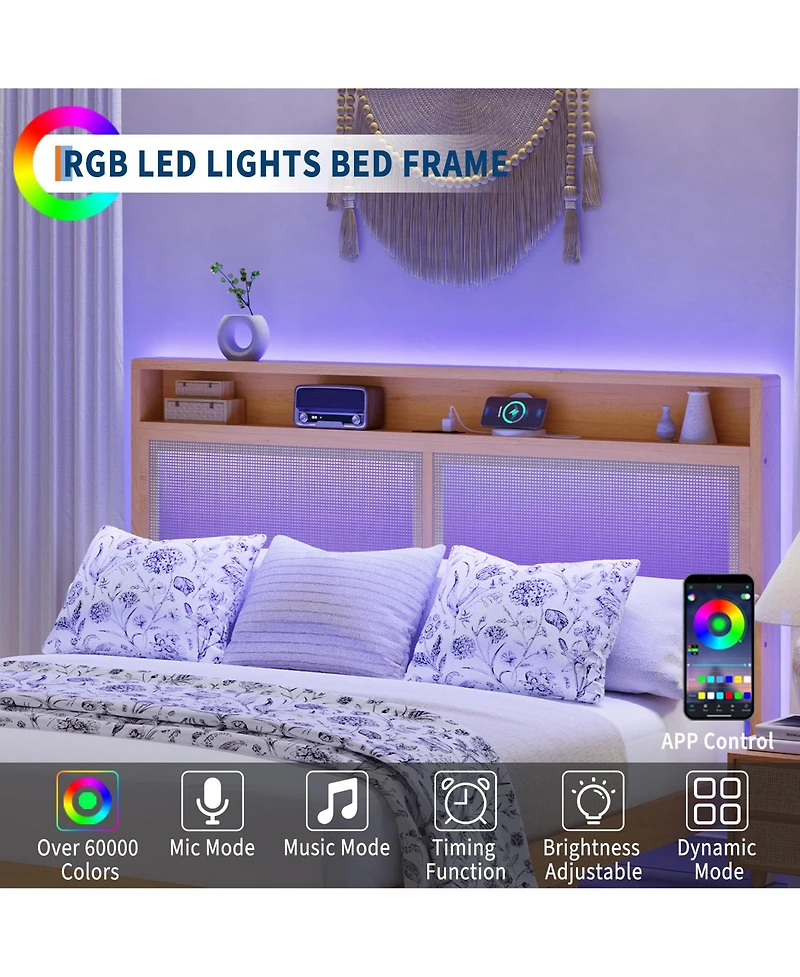 gaomon Rattan Queen Size Bed Frame with Led Lights, Boho Wood Bed Frame with Storage Headboard & Charging Station, No Box Spring Needed