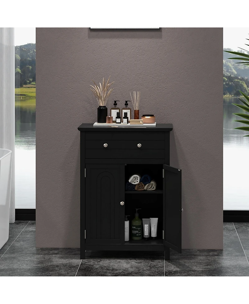 Gymax Bathroom Floor Cabinet Wooden Storage Organizer with Drawer & Doors Blcak