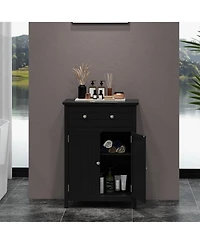 Gymax Bathroom Floor Cabinet Wooden Storage Organizer with Drawer & Doors Blcak