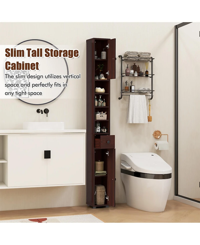 Gymax Tall Slim Bathroom Storage Cabinet Linen Tower w/Drawer Adjustable Shelves Black