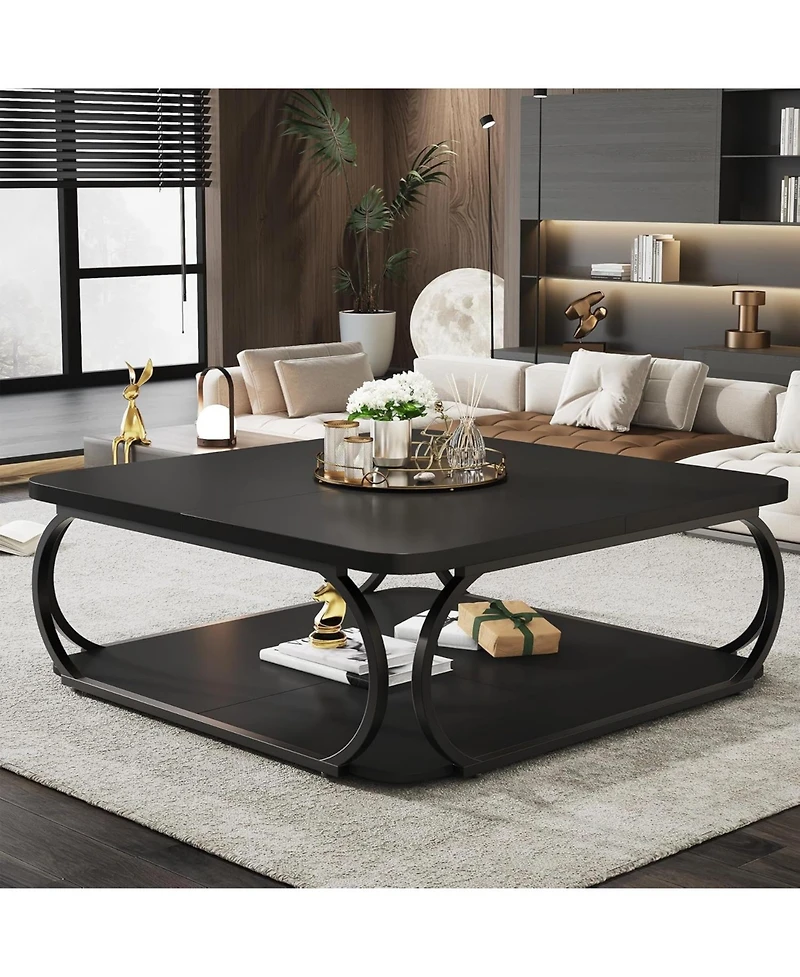 Tribesigns Coffee Table with Open Storage Shelf for Living Room, 39 Inch Large Wood Center Square Low Tables 2 Tier Farmhouse Tea w
