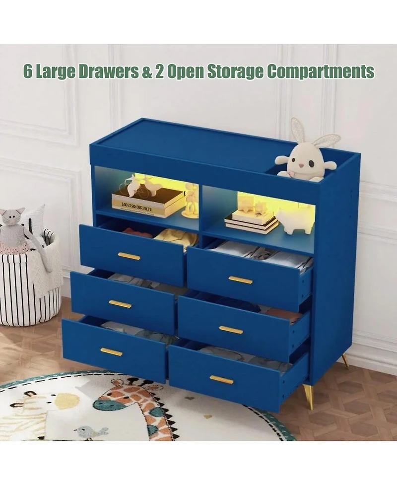 gaomon Baby Changing Table Dresser with 6 Drawers, Led Light, Charging Station and Power Outlet, Nursery Storage Organizer Pad
