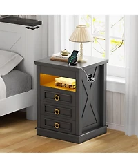 Vlsrka 3-Drawer Nightstand with Hidden Storage, Modern Bedside Table Charging Station and Led Light, Bedroom End Spacious Drawers