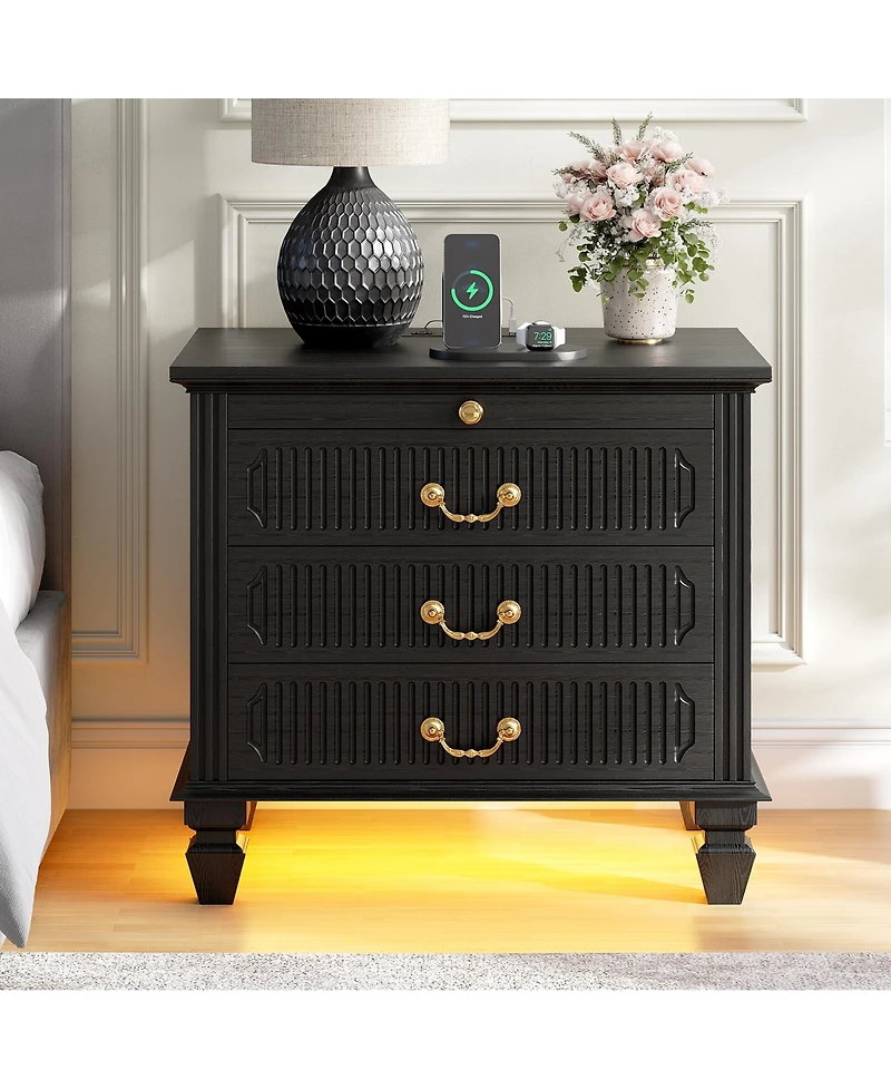 Vlsrka 25.6" Solid Wood Nightstand with 4 Drawers, Charging Station and Led Light