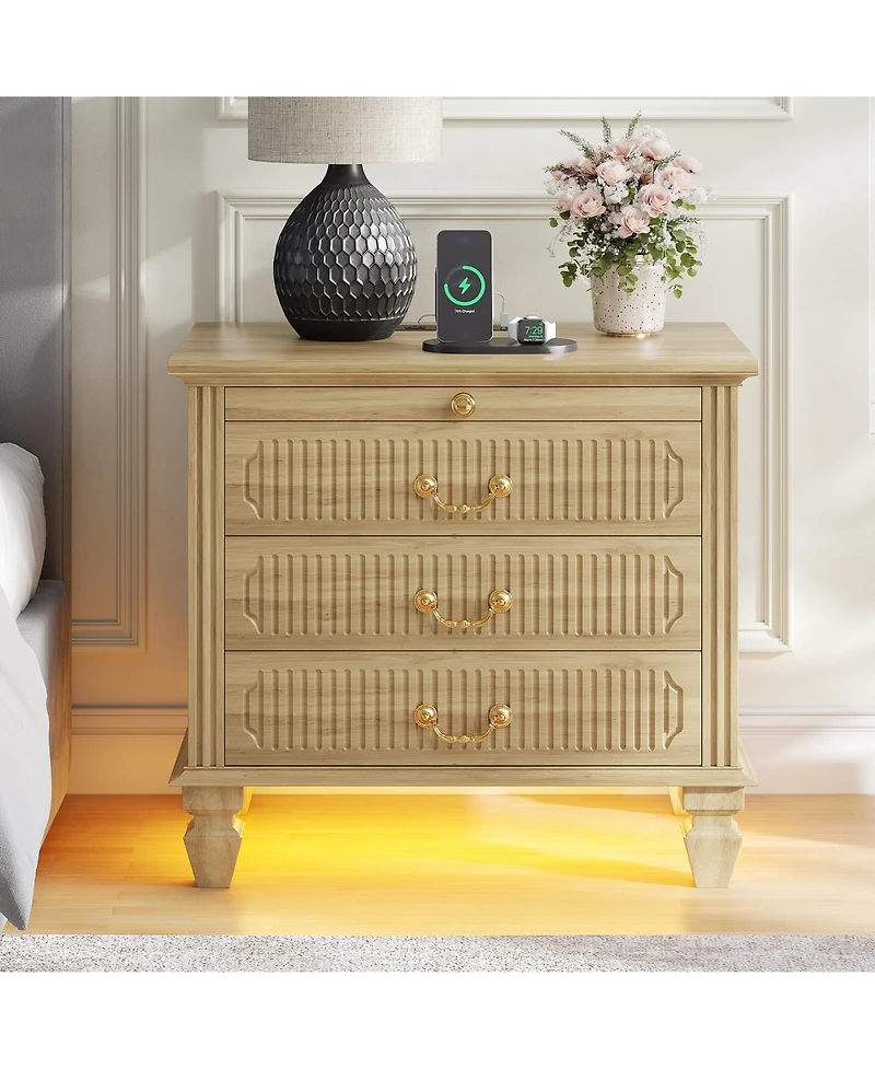 Vlsrka 25.6" Solid Wood Nightstand with 4 Drawers, Charging Station and Led Light