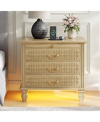 Vlsrka 25.6" Solid Wood Nightstand with 4 Drawers, Charging Station and Led Light
