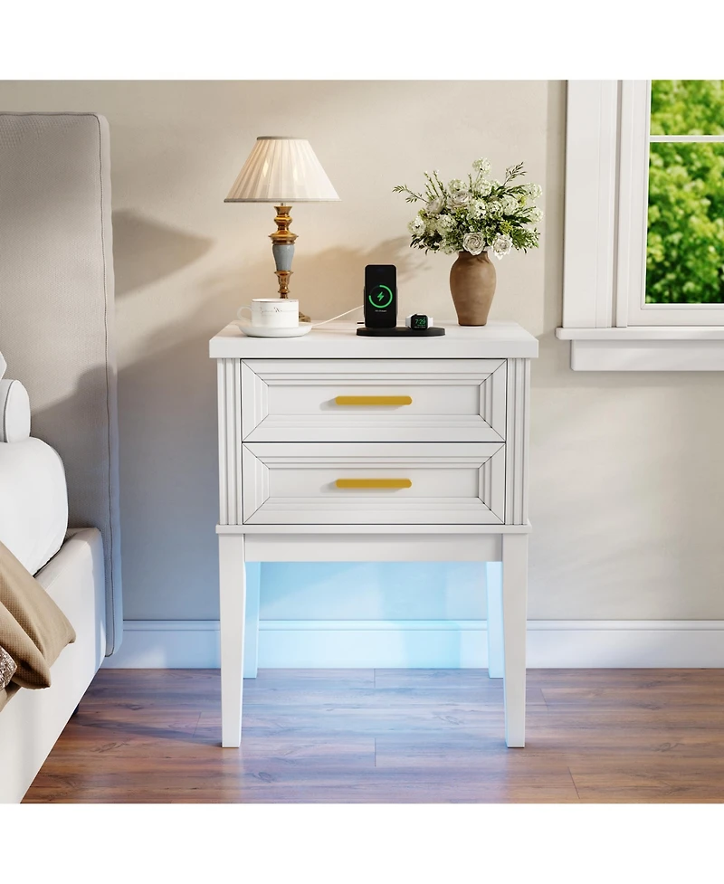 Vlsrka 25.6" H Nightstand with 2 Drawers and Charging Station, Modern Led Bedside Table