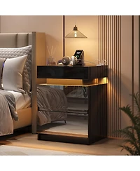 Vlsrka Mirrored Nightstand with 2 Drawers and Motion Sensor Light, Modern Bedside Table