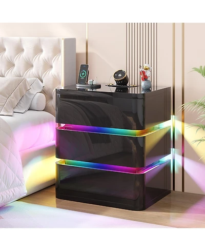 Vlsrka 3-Drawer Nightstand with Electronic Lock, Rgb Lights No Assembly Required)