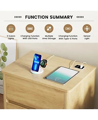 Vlsrka Modern Wooden Nightstand with Motion Sensor Light and 2 Drawers