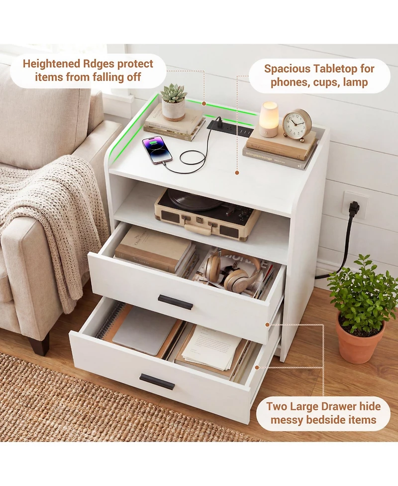 Aheaplus Nightstand with Charging Station, Sofa Side Table with Drawers