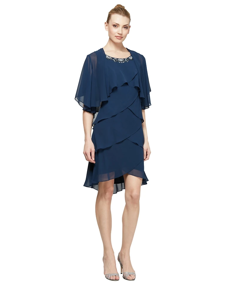 Sl Fashions Embellished Tiered Chiffon Dress & Capelet