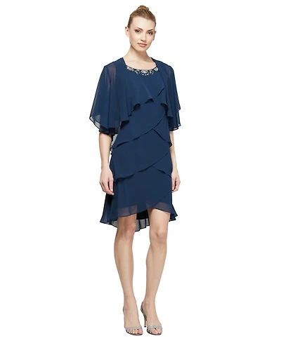 Sl Fashions Embellished Tiered Chiffon Dress & Capelet