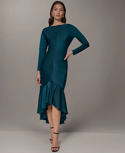 Donna Karan New York Women's Long-Sleeve Satin High-Low Flounce Hem Dress