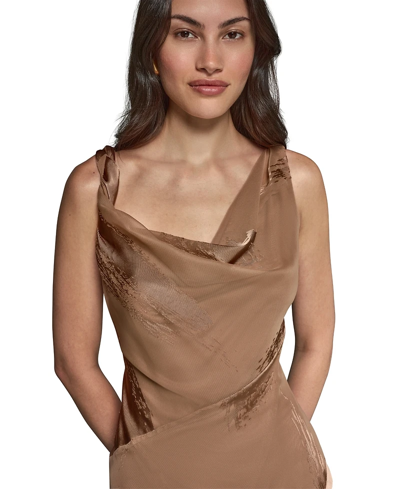 Donna Karan New York Women's Satin Burnout Asymmetrical Neck Midi Dress