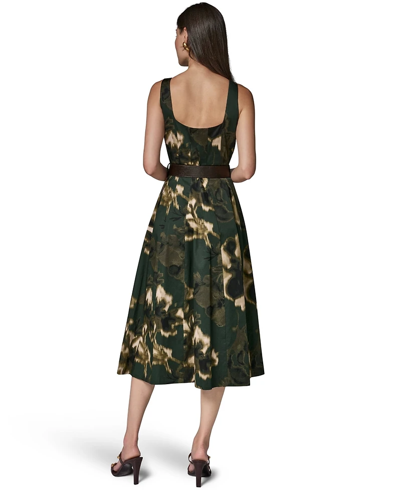 Donna Karan New York Women's Printed Square Neck Pleated Fit and Flare Dress with Belt