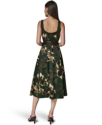 Donna Karan New York Women's Printed Square Neck Pleated Fit and Flare Dress with Belt
