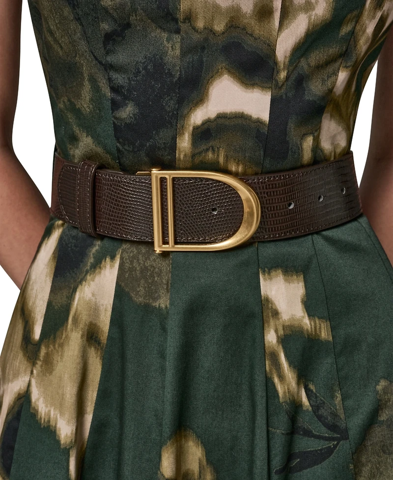 Donna Karan New York Women's Printed Square Neck Pleated Fit and Flare Dress with Belt