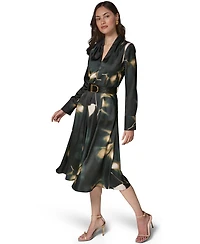 Donna Karan New York Women's Long-Sleeve Printed Charmeuse A-Line Dress With Belt