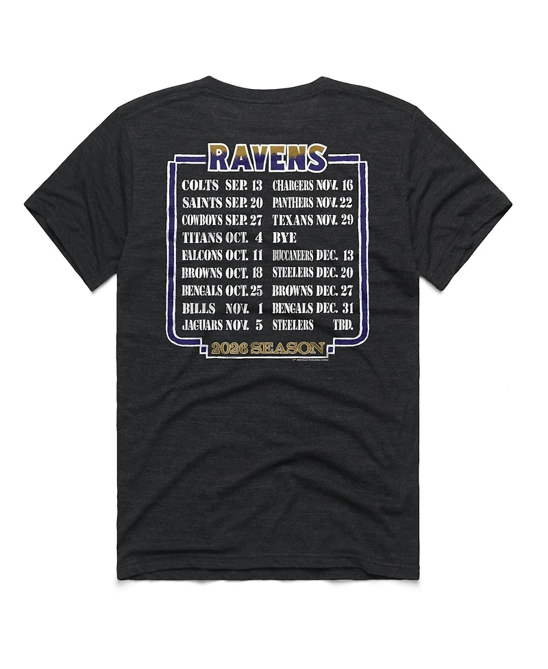 Homage Men's and Women's Charcoal Baltimore Ravens 2026 Nfl Schedule Queen Tri-Blend T-Shirt