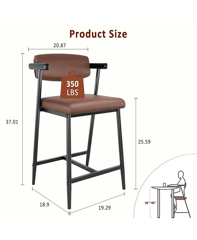 homfan Set of 2 Counter Height Bar Stools, Upholstered Pu Leather Chairs with Back and Armrests, Metal Base, Footrest