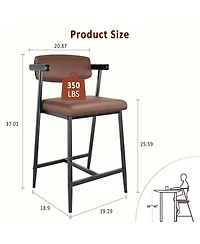 homfan Set of 2 Counter Height Bar Stools, Upholstered Pu Leather Chairs with Back and Armrests, Metal Base, Footrest
