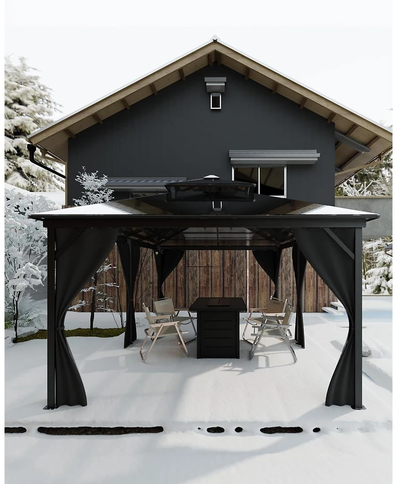 gaomon Hardtop Gazebo 12x20 Feet, with Double Polycarbonate Roof, Aluminum Alloy Frame, Net, and Curtain, Permanent Building of Backyard Luxury