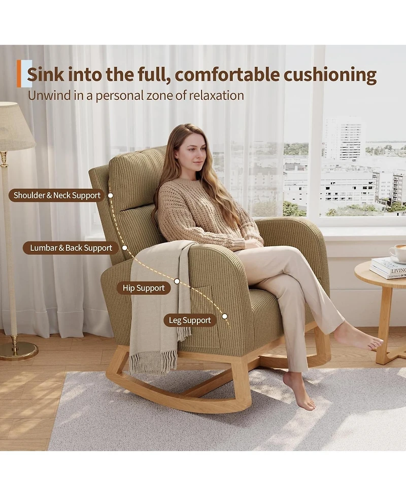 gaomon Corduroy Rocking Chair, Modern Nursery Glider Chair with Side Pockets and Pillow, Rocker Chair for Living Room Bedroom Nursing Room