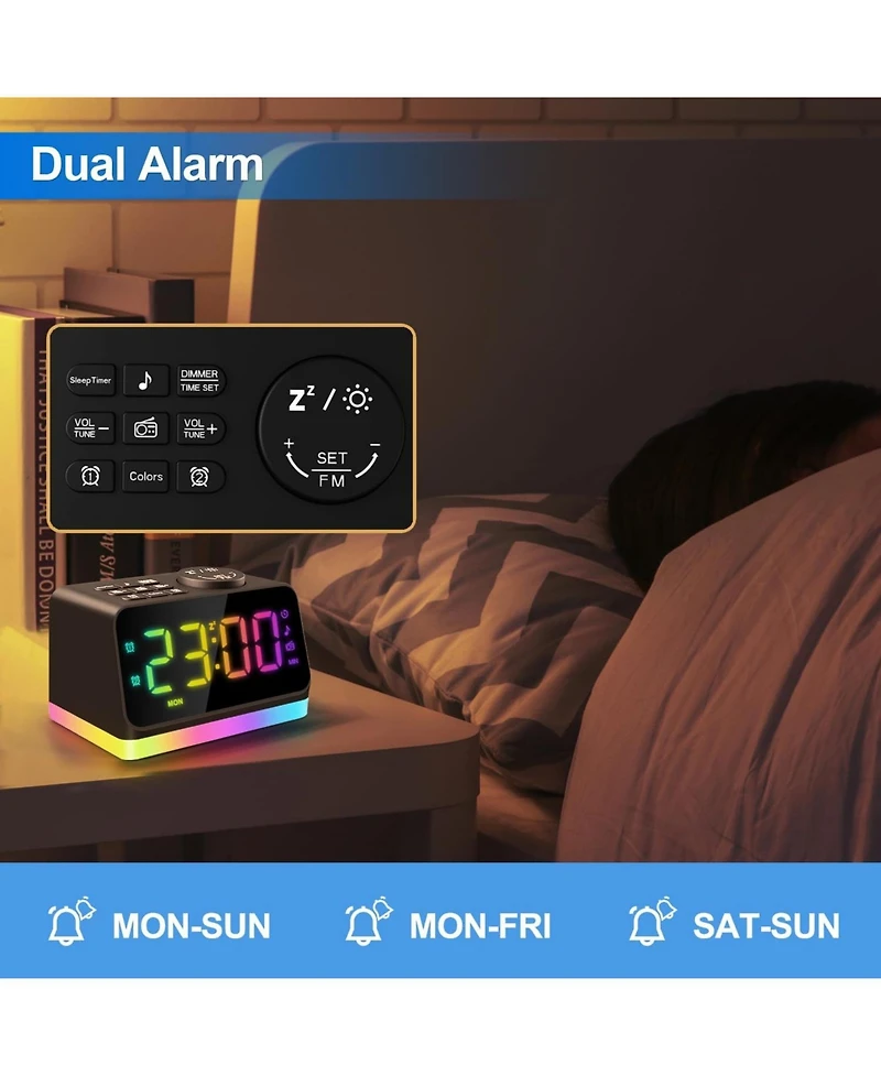 Jall 5 Inch Digital Alarm Clock with Rgb Font Fm Radio 8 Color Night Light Sleep Timer Dual Alarms 2 Usb Ports 0 to 100 Dimmer Versatile