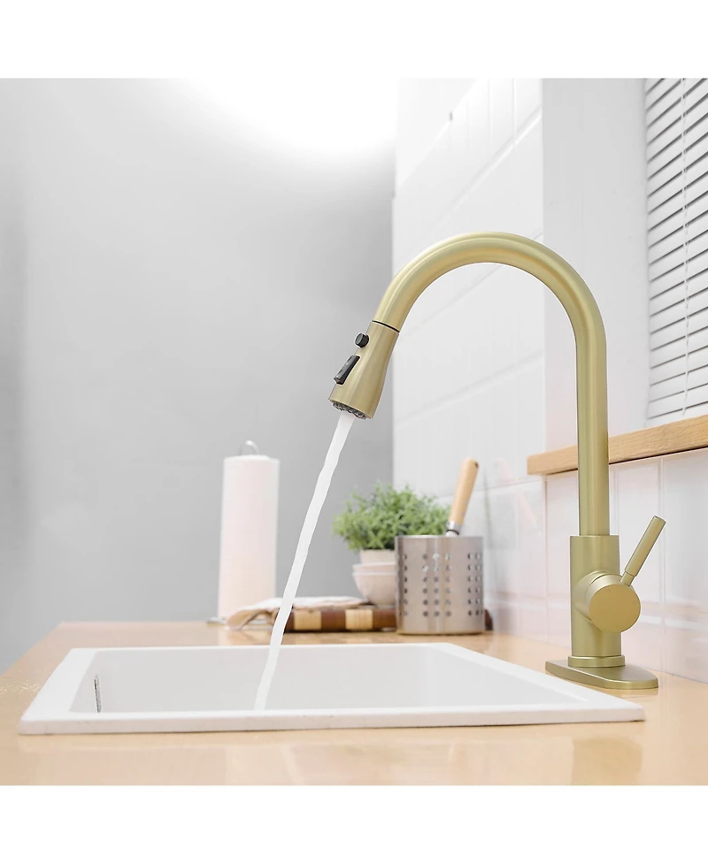 Phying Nickel Gold Kitchen Sink Faucet with Deck Plate Kitchen Faucets with Pull out Sprayer Single Handle Kitchen Faucet