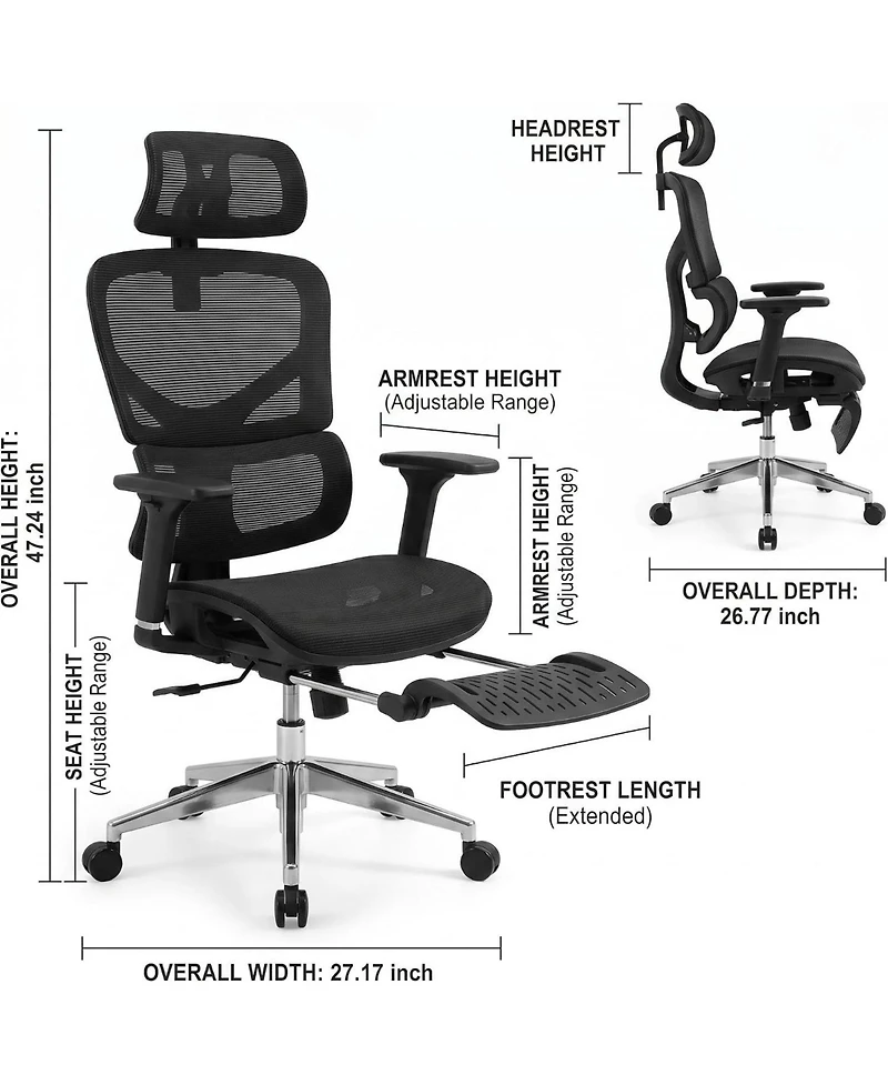 gaomon Fabric Ergonomic Office Chair with Footrest, Adjustable Height and Arms, Split Back, Manual Recline