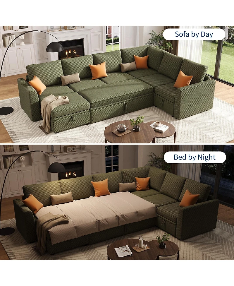 gaomon U-Shaped Corduroy Sectional Sleeper Sofa for Living Room – 7-Seater Modular Couch with Pull-Out Bed – Storage Ottoman