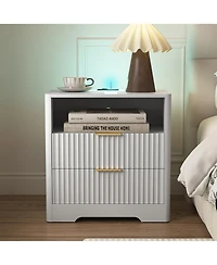 Clihome Modern Bedside Tables with Storage Cabinet, Nightstand Night Light and Charging Station