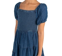 Rare Editions Girls' 7-14 Chambray Puff Sleeve Tiered Midi Dress with Keychain
