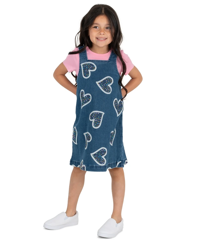 Rare Editions Girls' 2T-6X Short-Sleeve T-Shirt and Denim Jumper, 2-Piece Set