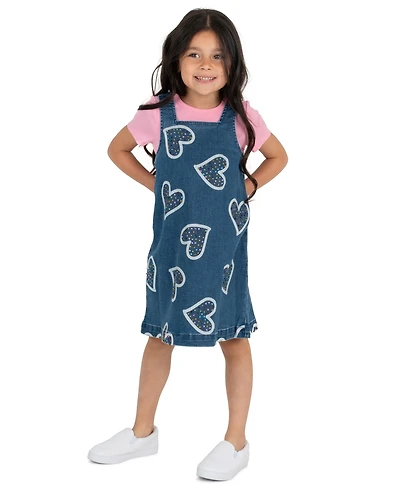 Rare Editions Girls' 2T-6X Short-Sleeve T-Shirt and Denim Jumper, 2-Piece Set