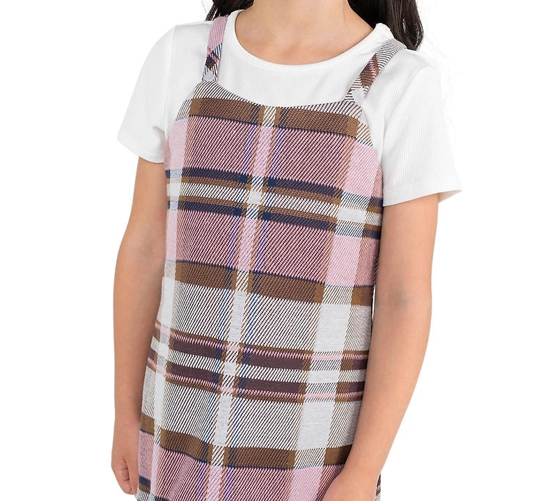 Rare Editions Girls' 2T-6X Rib Knit T-Shirt and Plaid Pleated Jumper, 2-Piece Set