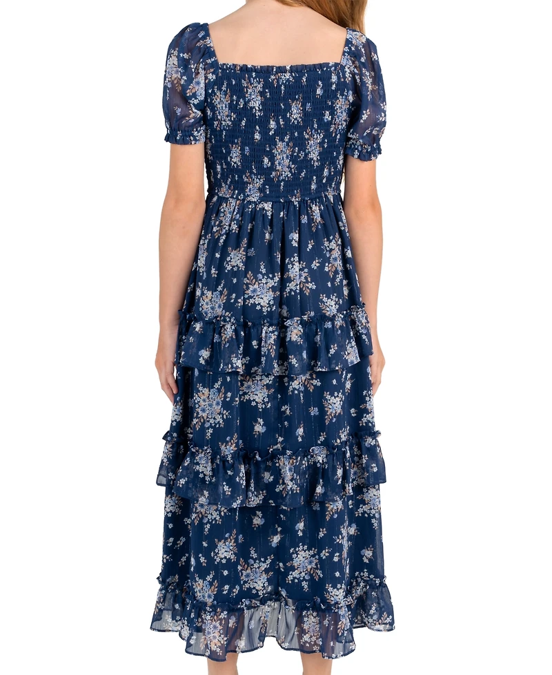 Rare Editions Girls' 7-16 Printed Lurex Chiffon Puff Sleeve Tiered Midi Dress