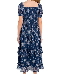 Rare Editions Girls' 7-16 Printed Lurex Chiffon Puff Sleeve Tiered Midi Dress