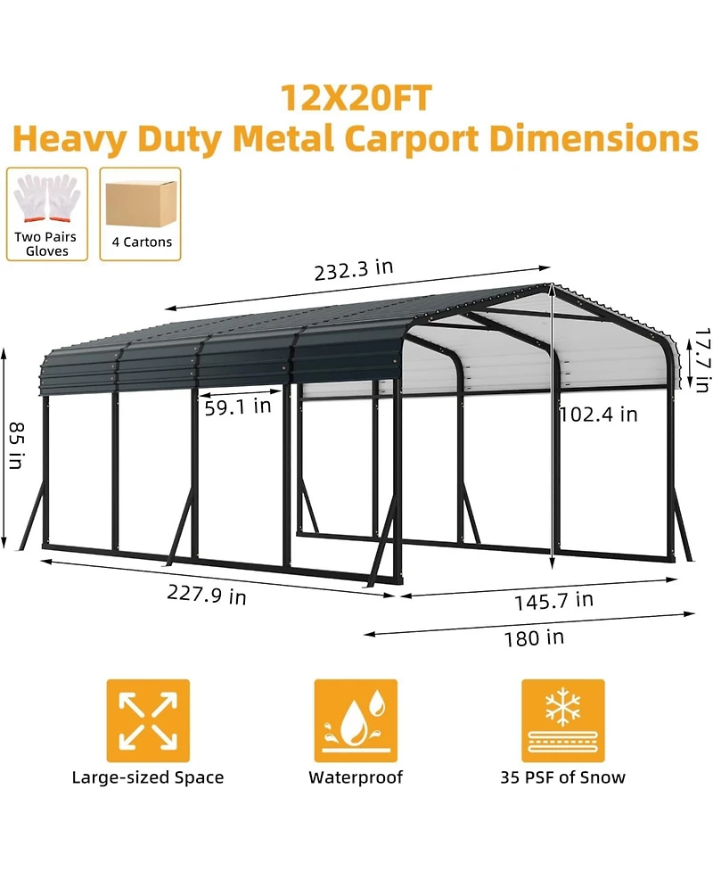 gaomon 12x20 feet Heavy Duty Carport and Metal Garage Kit with Galvanized Steel Roof, Anti-Leak Metal Carports for Vehicles