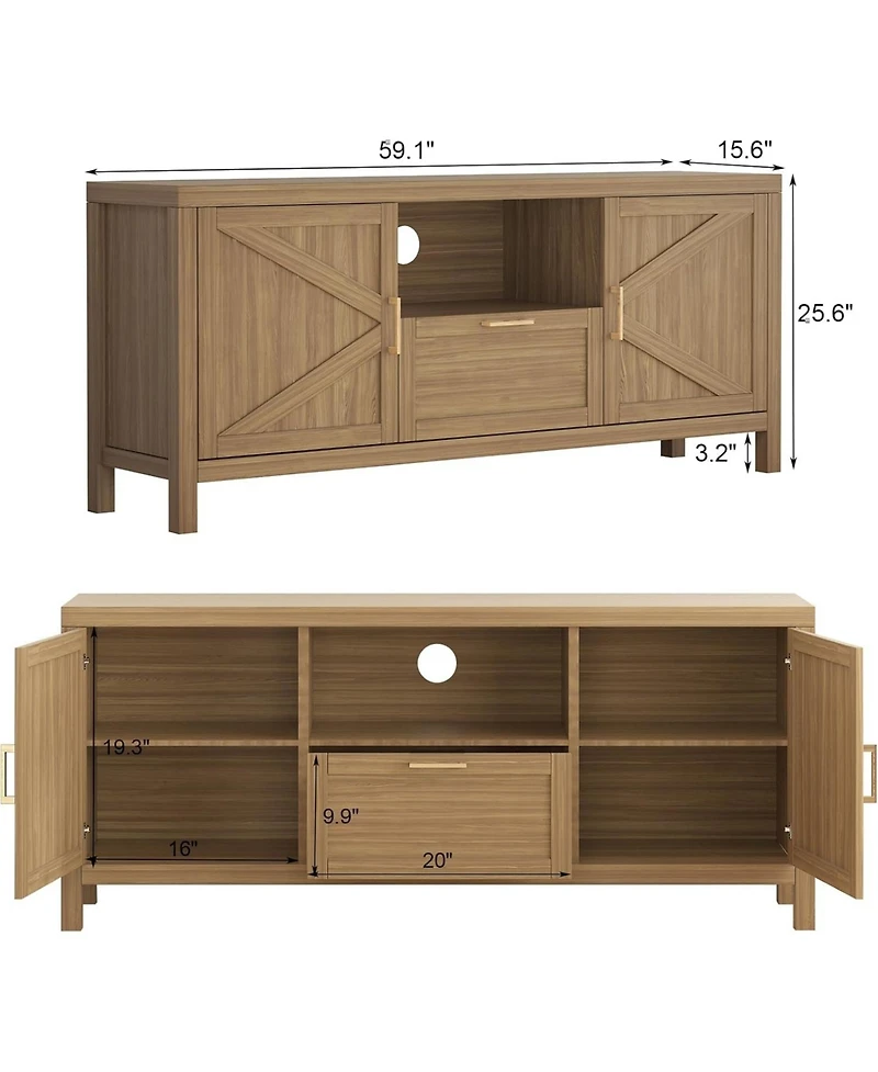 gaomon 59 Inch Farmhouse Tv Stand, Wooden Media Console with Cabinets, Drawer and Open Shelf