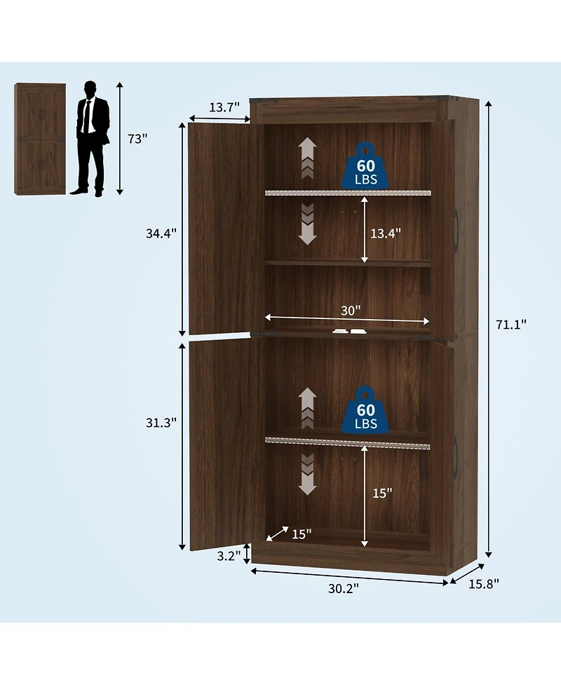 gaomon 71 Inch Tall Farmhouse Kitchen Pantry Storage Cabinet with 4 Barn Doors and Adjustable Shelves, for Kitchen, Dining Room, Bathroom