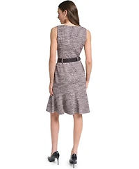 Calvin Klein Women's Sleeveless V-Neck Tweed Belted A-Line Dress