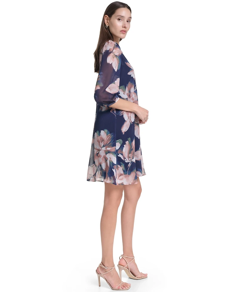 Calvin Klein Women's 3/4-Sleeve Floral Chiffon Shift Dress