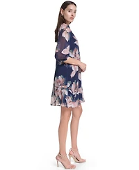 Calvin Klein Women's 3/4-Sleeve Floral Chiffon Shift Dress